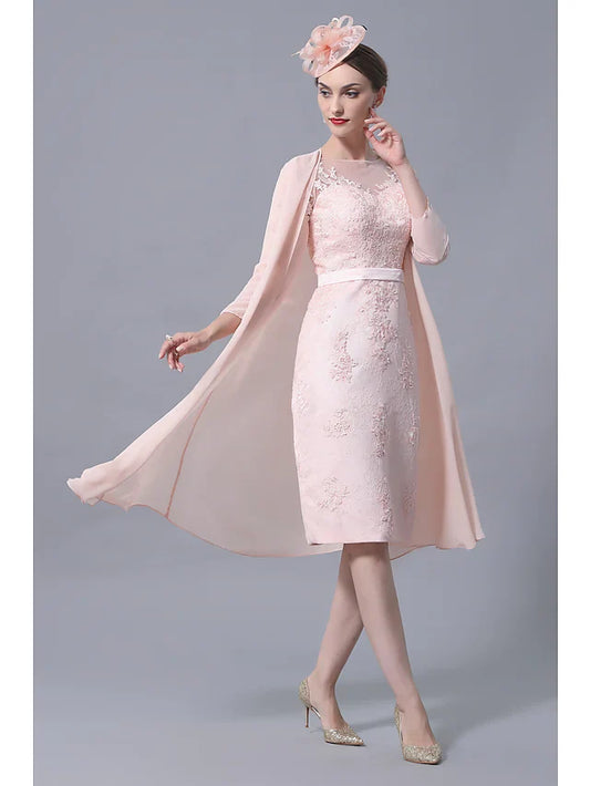 Elegant plus size Mother of the Bride dress with bateau neck and 3/4 sleeves.