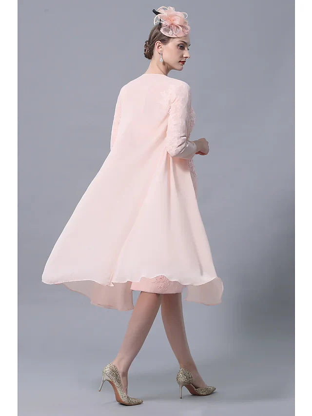 Side view of the knee-length chiffon lace dress with appliques.