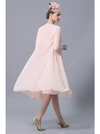 Side view of the knee-length chiffon lace dress with appliques.