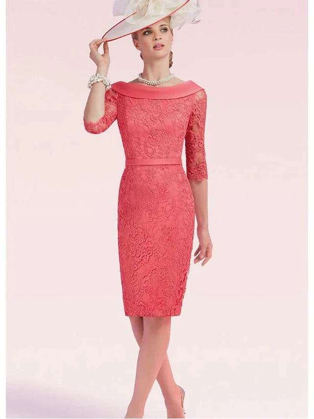 Plus size Mother of the Bride dress with bateau neck, half sleeves, lace and satin fabric, and a sash, front view.