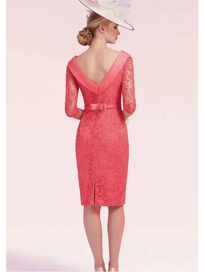 Side view of an elegant plus size knee-length dress with bateau neckline and half sleeves.