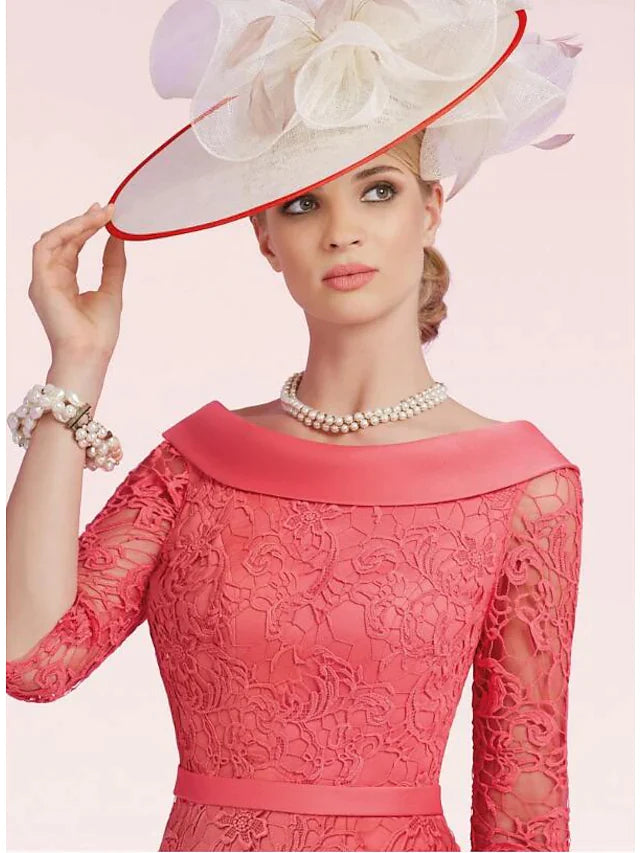 Back view of a plus size formal dress featuring a bateau neck and half sleeves.