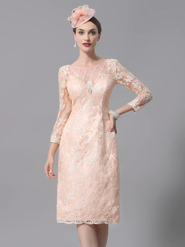 Woman wearing an elegant plus size mother of the bride dress with a bateau neck, lace 3/4 sleeves, and pleats.