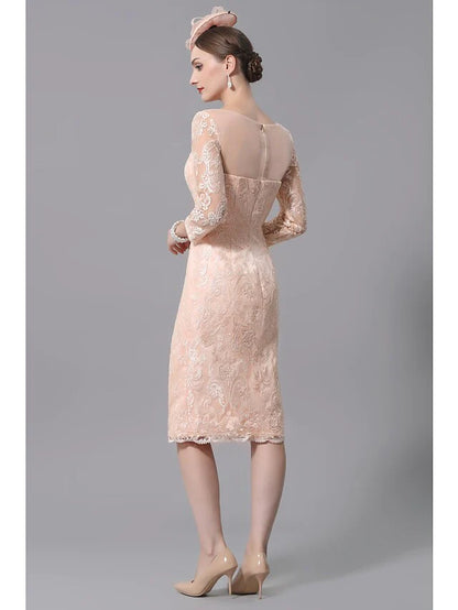 Side view of the plus size mother of the bride dress, showcasing the lace sleeves and knee-length hem.