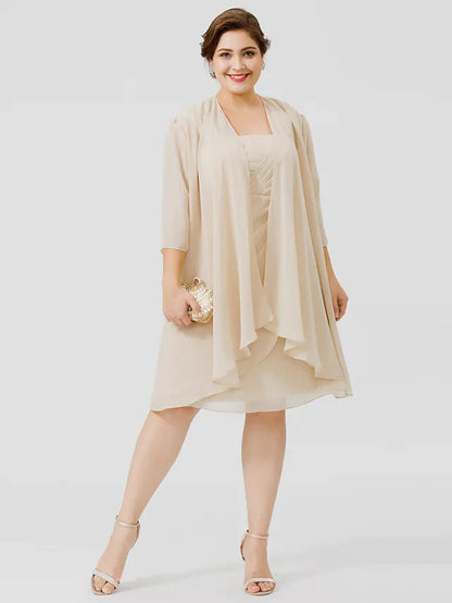 Plus size Mother of the Bride dress in navy chiffon and lace, front view.
