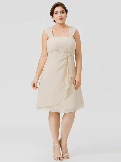 Side view of a plus size Mother of the Bride dress, knee length.