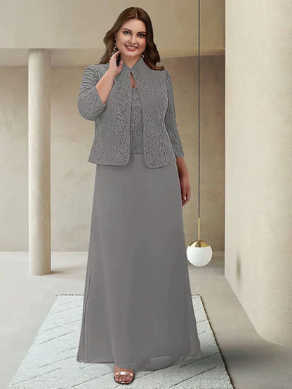 Elegant plus size Mother of the Bride dress with jewel neck, 3/4 sleeves, chiffon lace, and appliques.
