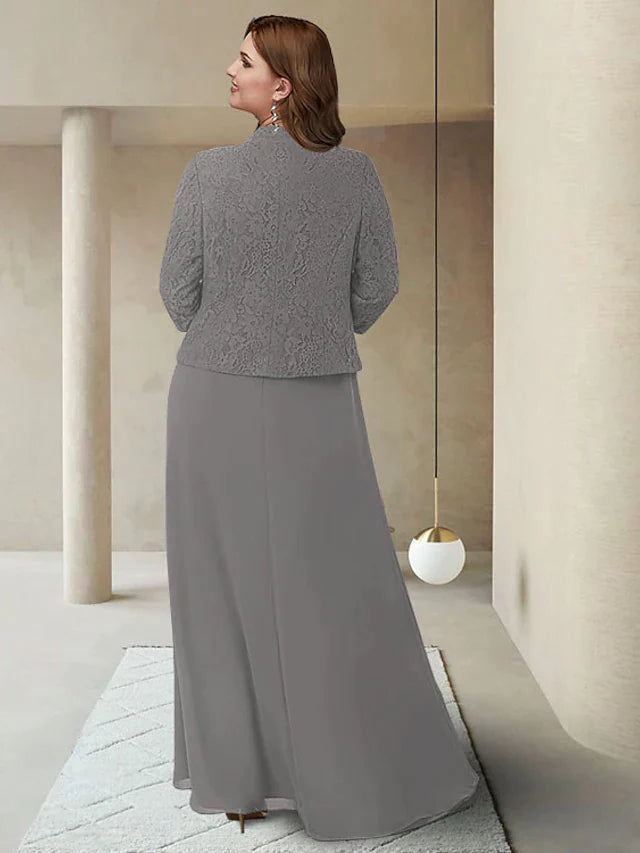 Back view of the elegant plus size Mother of the Bride dress, showcasing the ankle length and lace details.