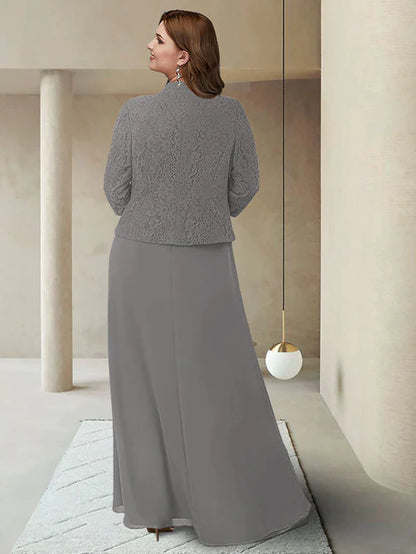 Back view of the elegant plus size Mother of the Bride dress, showcasing the ankle length and lace details.
