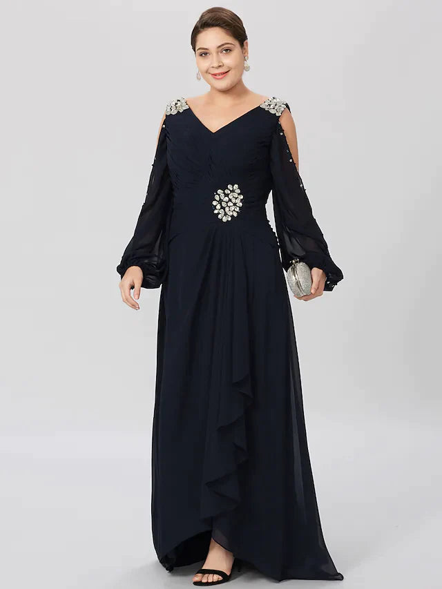 Elegant plus size Mother of the Bride dress with V-neck, long sleeves, and asymmetrical chiffon skirt.