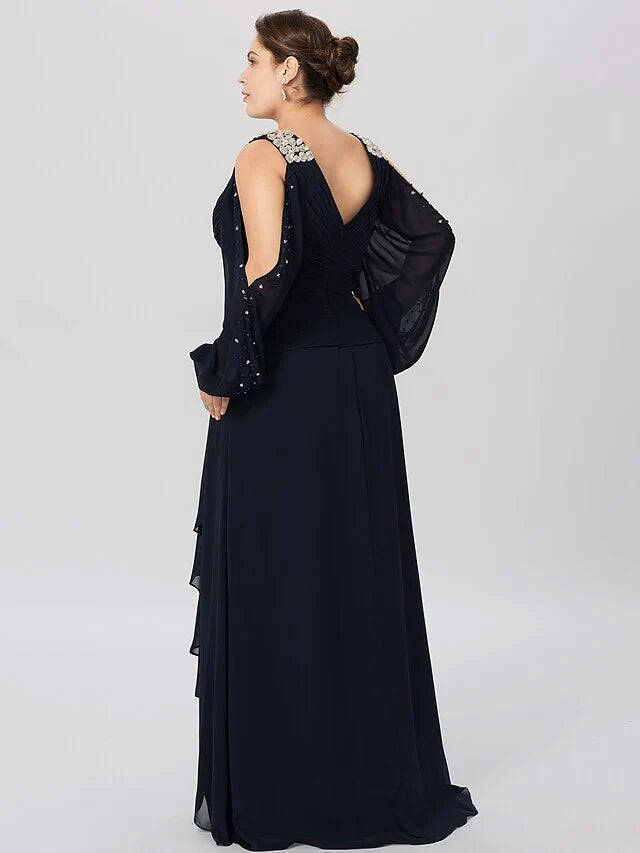 Side view of the long sleeve Mother of the Bride dress, highlighting the flowing chiffon.