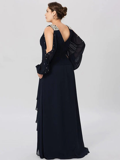 Side view of the long sleeve Mother of the Bride dress, highlighting the flowing chiffon.