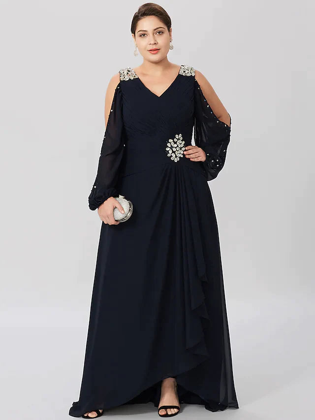 Full length view of the elegant Mother of the Bride dress in a graceful pose.