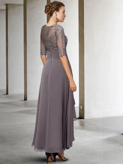 Side view of the elegant plus size Mother of the Bride sheath dress.