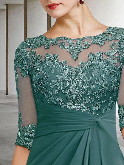 Close-up of the jewel neck and lace short sleeves on the Mother of the Bride dress.