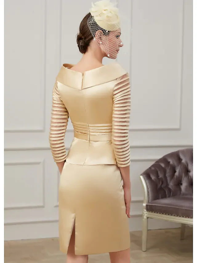 Side view of a woman in the dark blue plus size off-shoulder dress, highlighting the ruched detail.