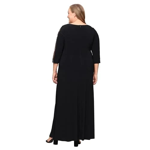 Elegant Plus Size Round Neck Half Sleeve Floral Embroidered Ruched High-Slit Maxi Mother Of The Bride Dresses