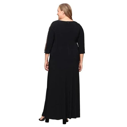 Elegant Plus Size Round Neck Half Sleeve Floral Embroidered Ruched High-Slit Maxi Mother Of The Bride Dresses