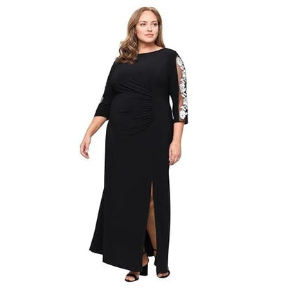 Elegant Plus Size Round Neck Half Sleeve Floral Embroidered Ruched High-Slit Maxi Mother Of The Bride Dresses
