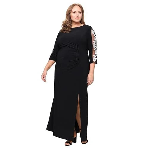 Elegant Plus Size Round Neck Half Sleeve Floral Embroidered Ruched High-Slit Maxi Mother Of The Bride Dresses