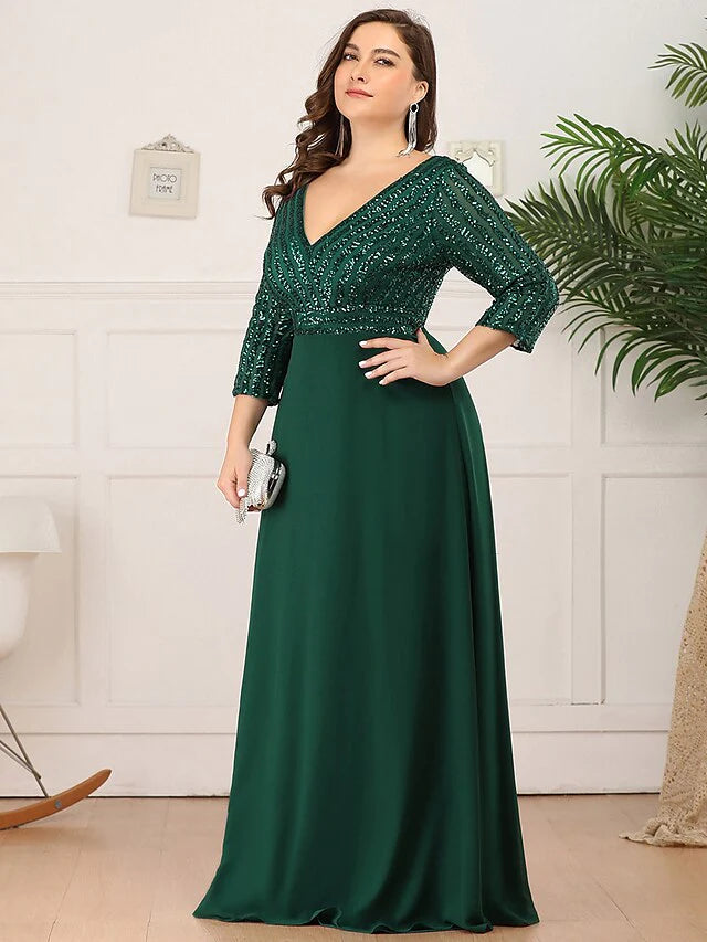 Model wearing an elegant plus size V-neck sequin mother of the bride dress.