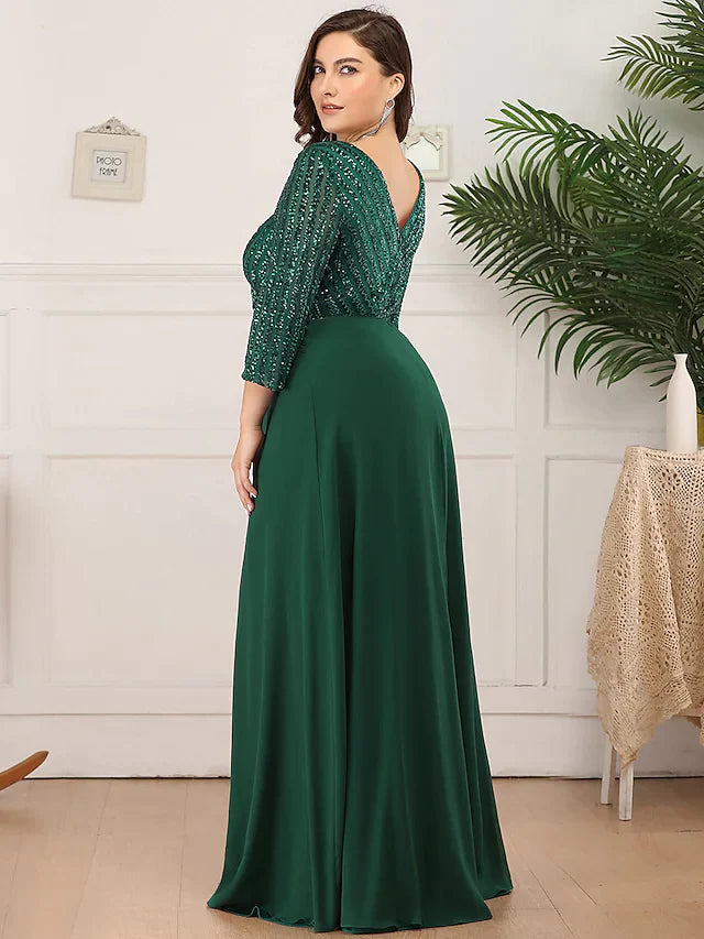 Side view of a model in a floor-length V-neck sequin dress with 3/4 sleeves.