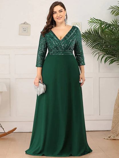 Back view of a model showcasing the elegant floor-length sequin gown.