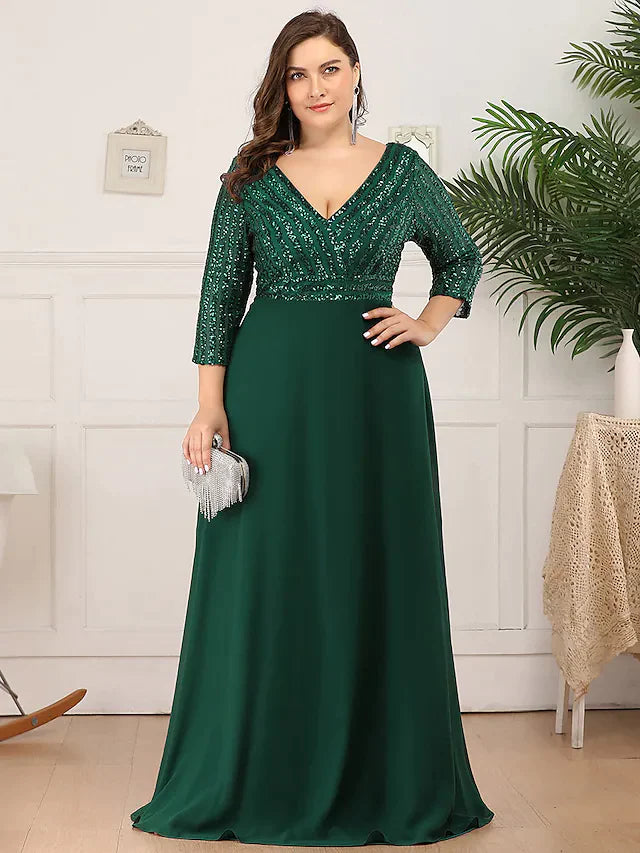 Close-up of the sequin detail and V-neckline on the mother of the bride dress.
