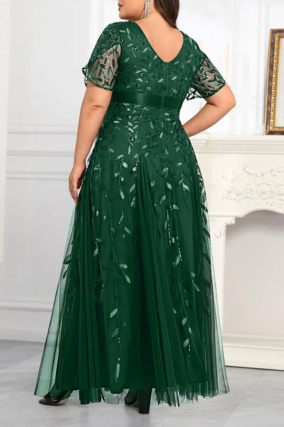Elegant Plus Size V-Neck Short Sleeve Sequin Leaf Embroidered Tulle Maxi Mother Of The Bride Dresses