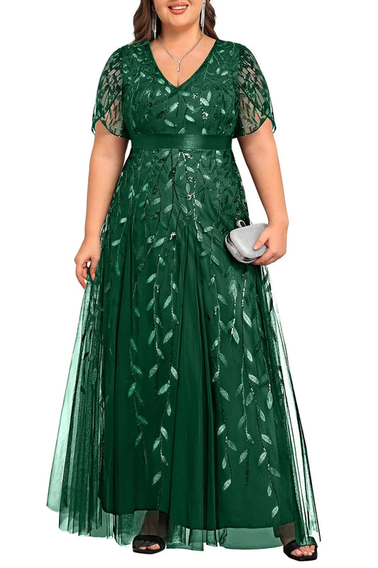 Elegant Plus Size V-Neck Short Sleeve Sequin Leaf Embroidered Tulle Maxi Mother Of The Bride Dresses