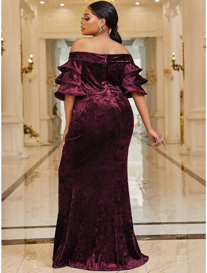 Side view of elegant plus size velvet mermaid dress with sweep train.