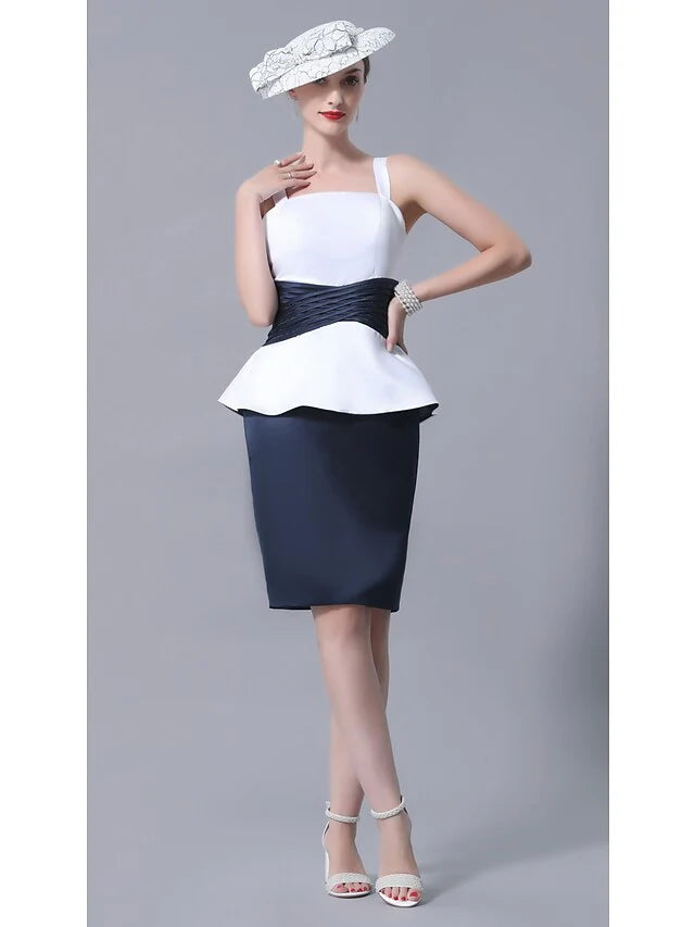Back view of a woman in a plus size elegant satin dress, highlighting the straight neckline.