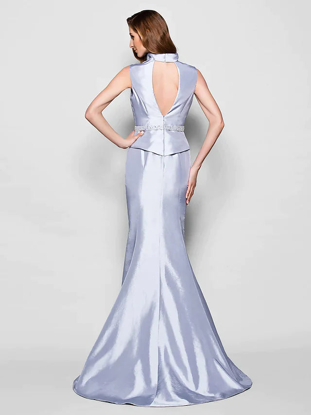Side view of the sleeveless Queen Anne Mother of the Bride dress, highlighting the taffeta fabric.
