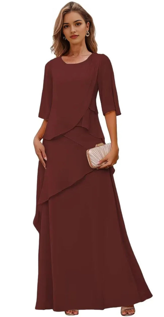 Elegant Round Neck 3/4 Sleeve Ruffle Detail Lace-Up Back Maxi Evening Dress