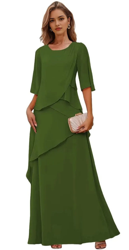 Elegant Round Neck 3/4 Sleeve Ruffle Detail Lace-Up Back Maxi Evening Dress