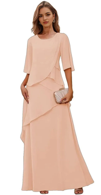 Elegant Round Neck 3/4 Sleeve Ruffle Detail Lace-Up Back Maxi Evening Dress