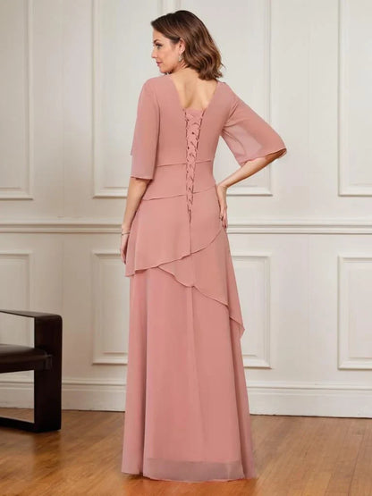 Elegant Round Neck 3/4 Sleeve Ruffle Detail Lace-Up Back Maxi Evening Dress