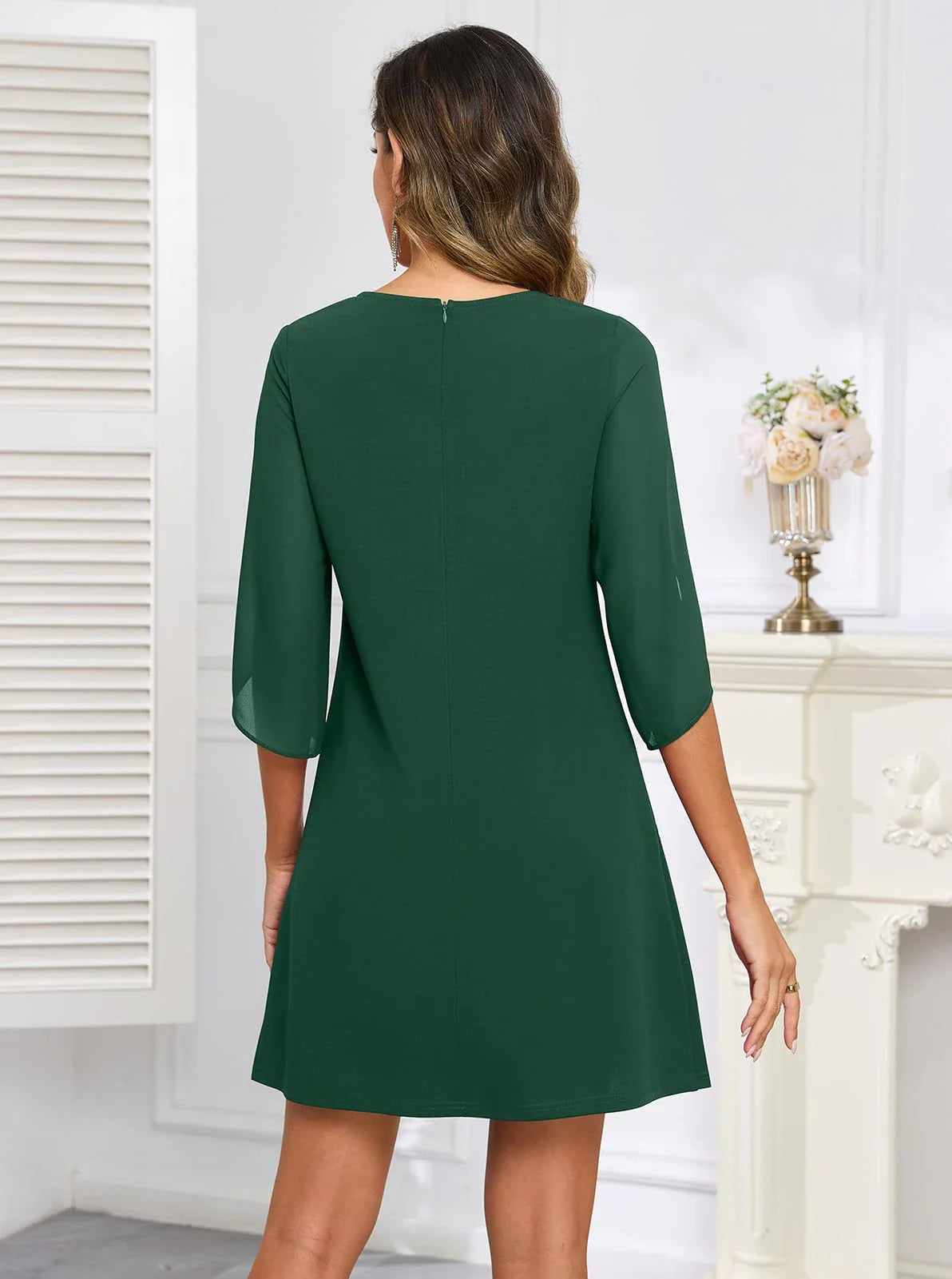 Elegant Round Neck Batwing Sleeve A-Line Back Zip Mini Dress