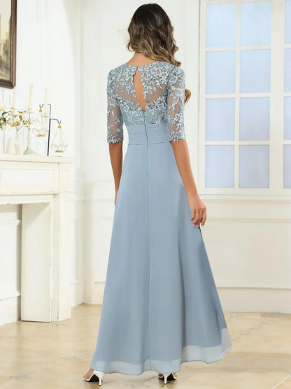 Elegant Round Neck Half Sleeve Lace Embroidered Keyhole Back Chiffon Maxi Mother Of The Bride Dresses