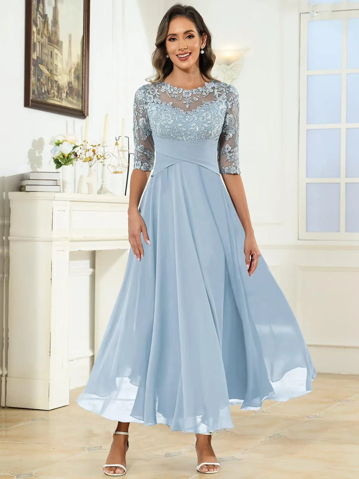 Elegant Round Neck Half Sleeve Lace Embroidered Keyhole Back Chiffon Maxi Mother Of The Bride Dresses