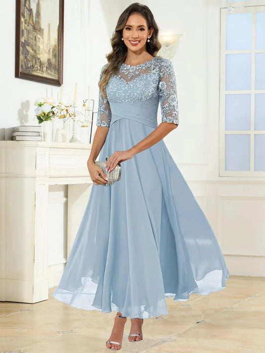 Elegant Round Neck Half Sleeve Lace Embroidered Keyhole Back Chiffon Maxi Mother Of The Bride Dresses