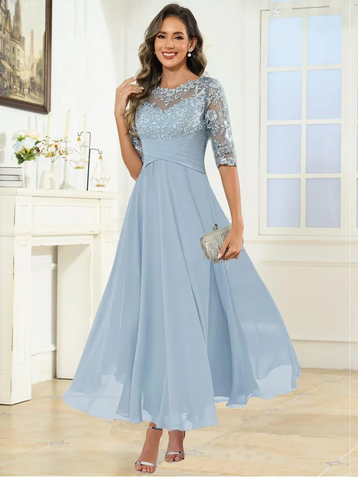 Elegant Round Neck Half Sleeve Lace Embroidered Keyhole Back Chiffon Maxi Mother Of The Bride Dresses