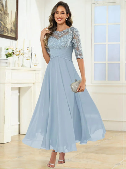 Elegant Round Neck Half Sleeve Lace Embroidered Keyhole Back Chiffon Maxi Mother Of The Bride Dresses