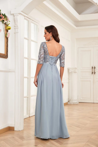 Elegant Round Neck Half Sleeve Lace Embroidered Open Back Lace-Up Chiffon Ruffle Maxi Mother Of The Bride Dresses
