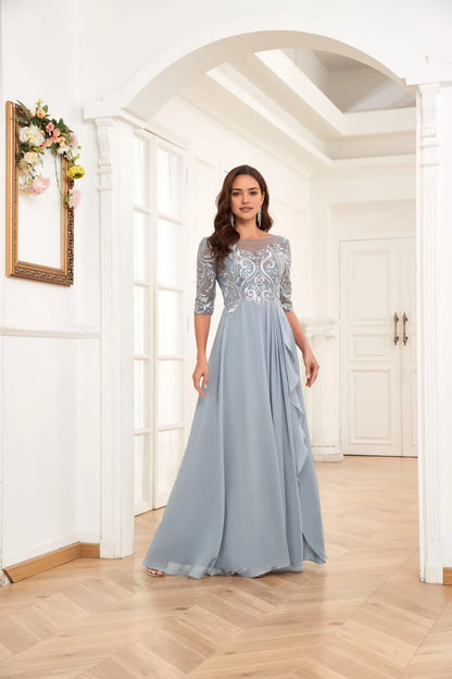 Elegant Round Neck Half Sleeve Lace Embroidered Open Back Lace-Up Chiffon Ruffle Maxi Mother Of The Bride Dresses