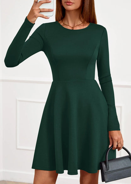 Elegant Round Neck Long Sleeve Backless Waist-Defined Flare Mini Party Dress