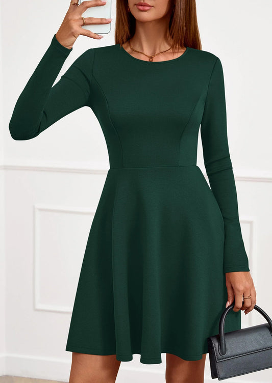 Elegant Round Neck Long Sleeve Backless Waist-Defined Flare Mini Party Dress
