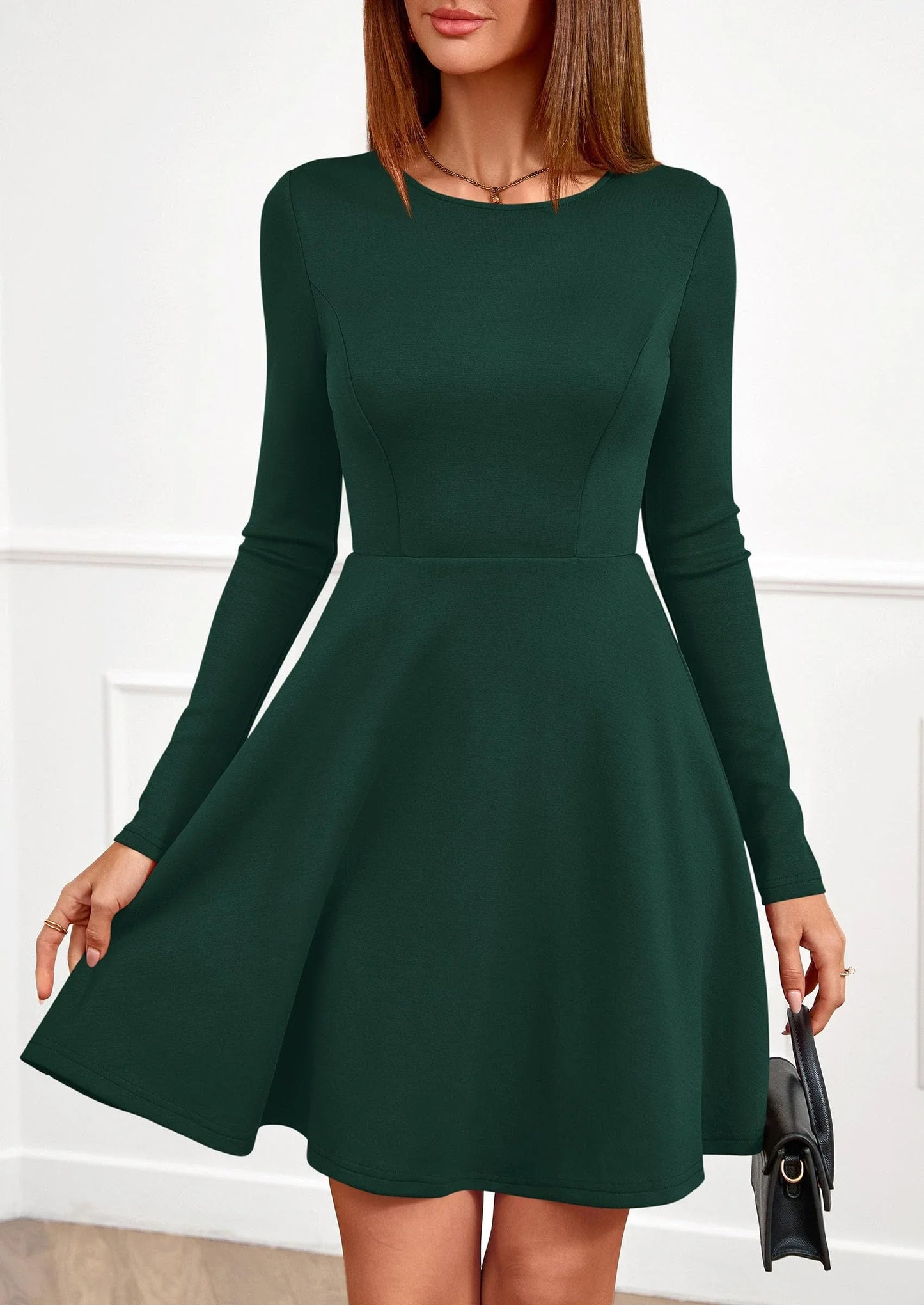 Elegant Round Neck Long Sleeve Backless Waist-Defined Flare Mini Party Dress