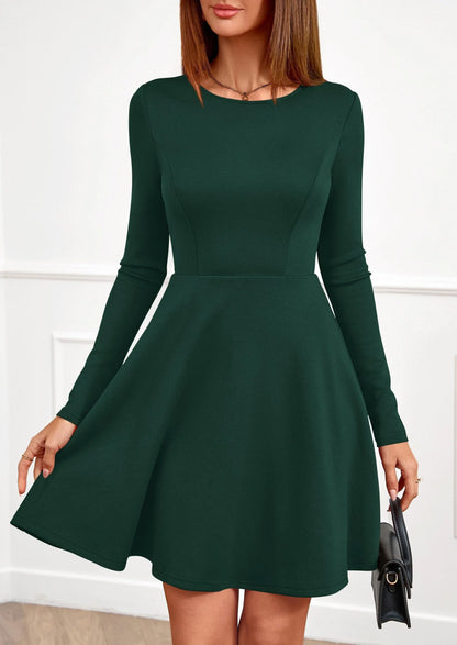 Elegant Round Neck Long Sleeve Backless Waist-Defined Flare Mini Party Dress