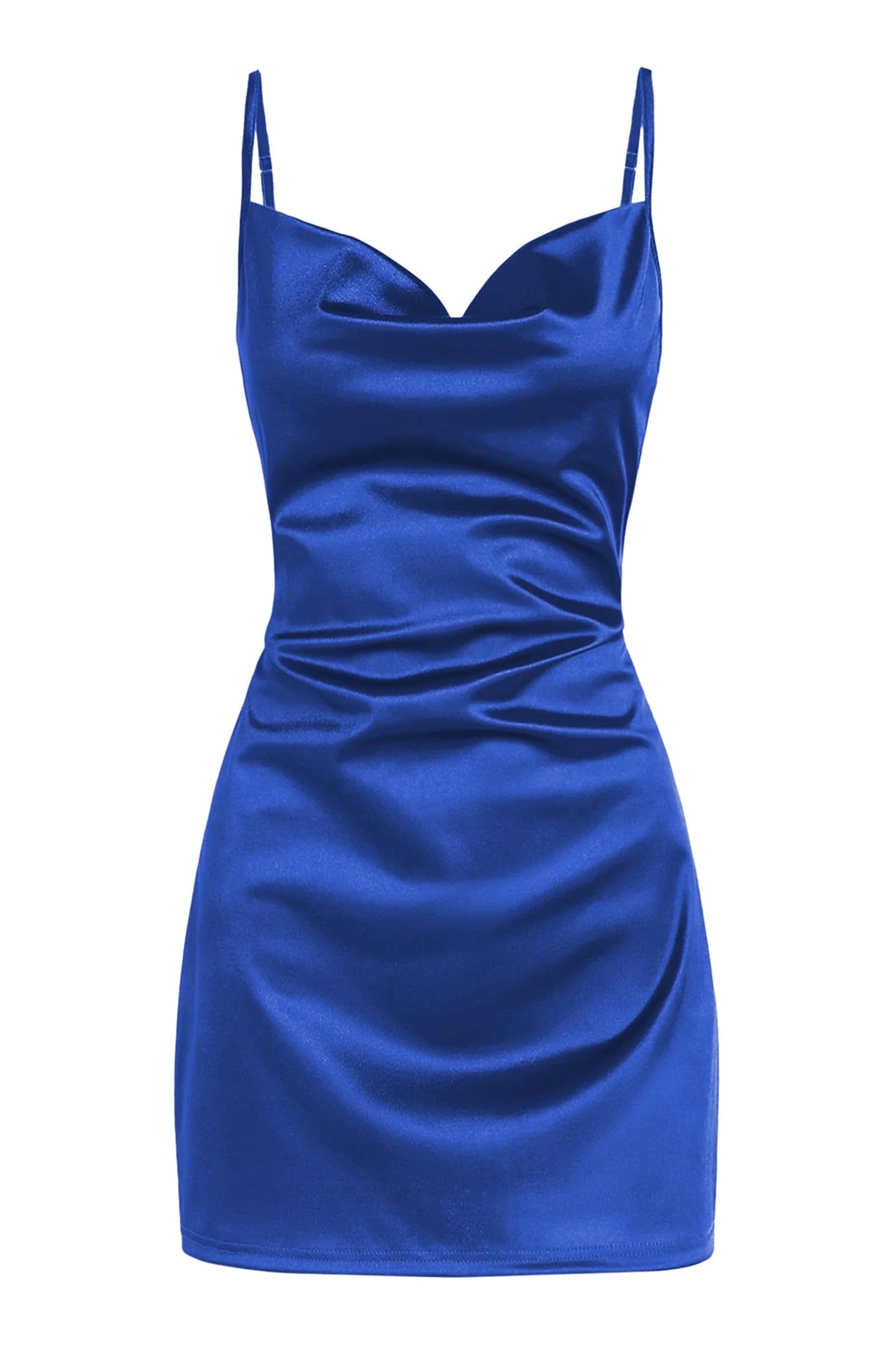Elegant Royal Blue Satin Cowl Neck Spaghetti Strap Tie-Waist Mini Party Dress